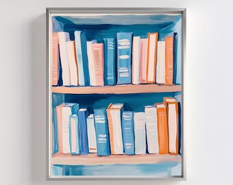 Pastel Bookshelf Art Print: Hand Painted Library Decor (Digital Download)