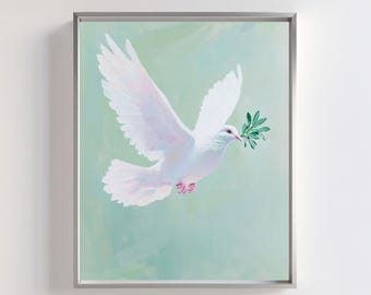 Impresión en acuarela de una paloma con una rama de olivo: Pájaro de la paz minimalista (descarga digital)