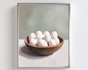 May include: A painting of a wooden bowl filled with white eggs against a light green background.