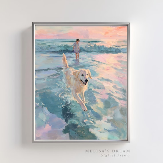 Golden Retriever Beach Print: Girl and Dog Coastal Sunset (digital