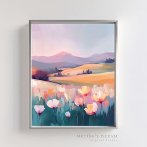 Pastel Flower Landscape Printable Art | Wildflower Field Digital Download | Boho Spring Meadow Wall Decor Countryside Nature Artwork