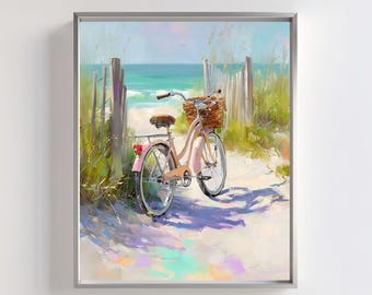 Pink Beach Bicycle Art Print: pastelkleurige kustschildering (digitale download)