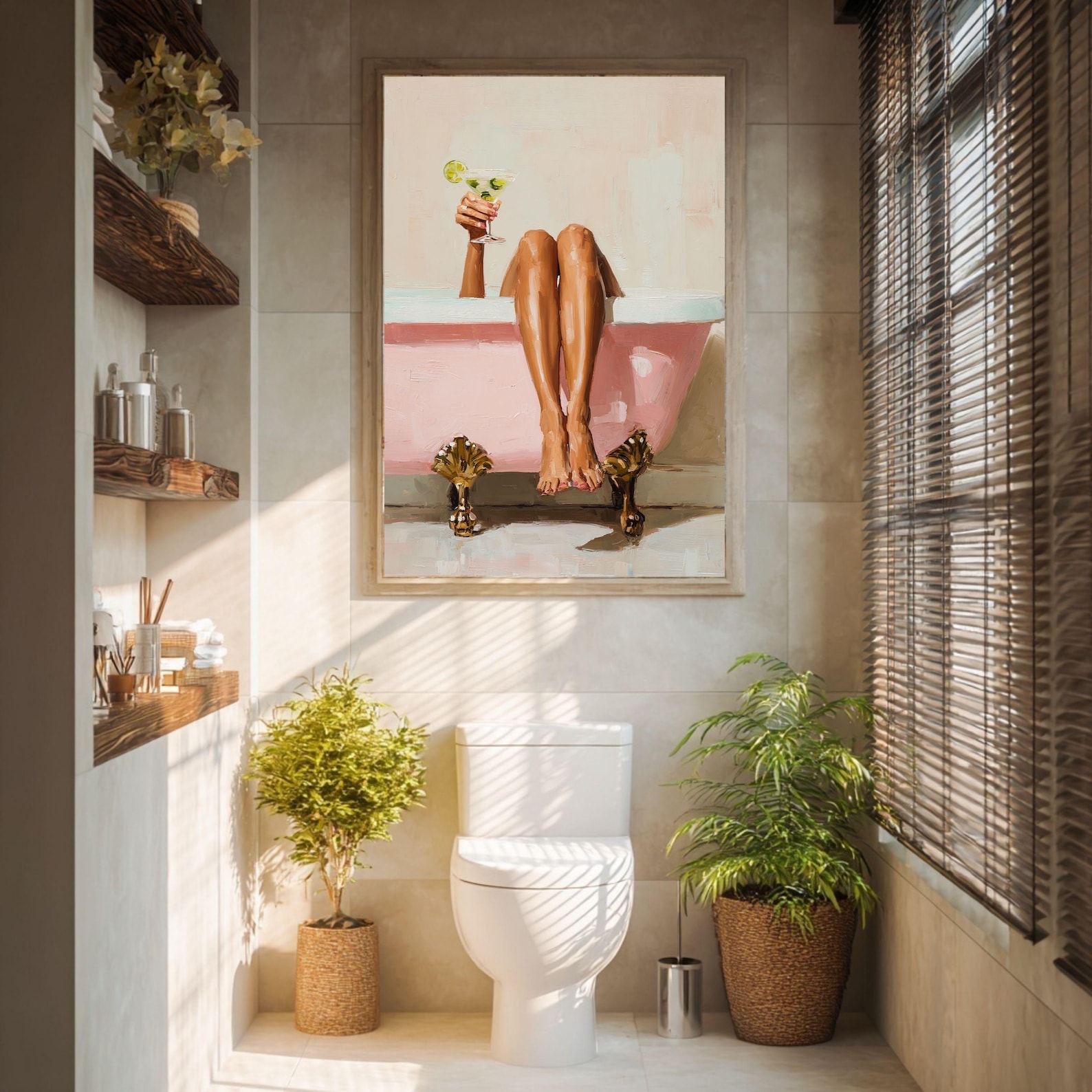 Modern Bathroom Wall Art Printable | Pink Bathtub With Martini Glass ...
