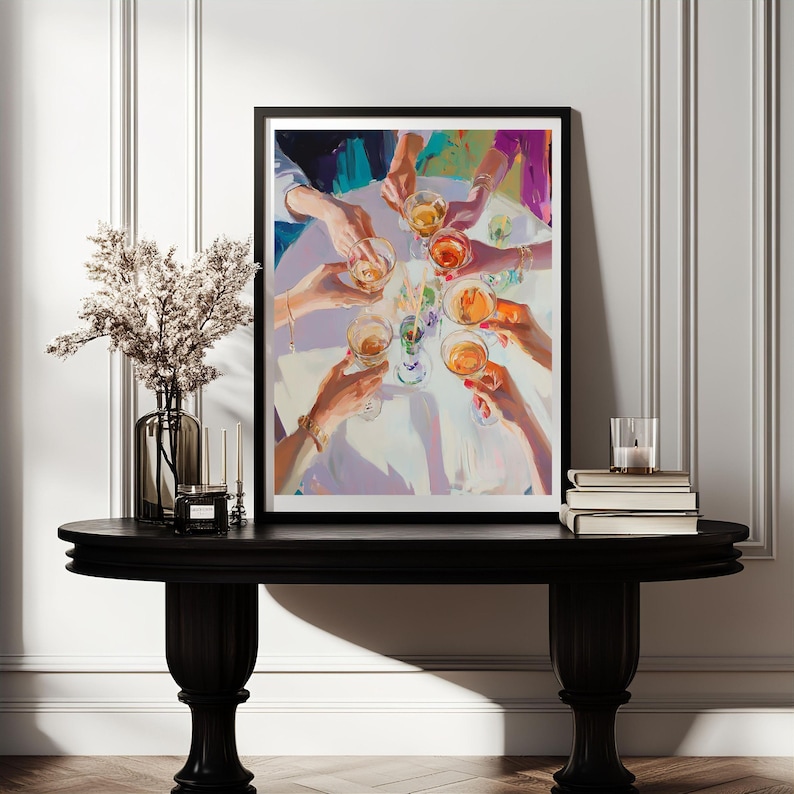 May include: A painting depicting a group of people raising their glasses in a toast. The glasses are filled with a golden liquid and the people are wearing colourful clothing. The painting is executed in a loose, impressionistic style.