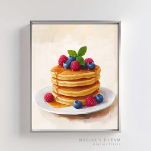 Pancake Wall Art Printable | Breakfast Food Kitchen Decor | Pancake Stack with Berries | Syrup Brunch Digital Download Poster