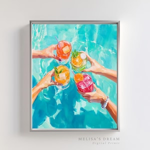 Könnte beinhalten: Gerahmter Kunstdruck mit vier Händen, die bunte Cocktails in einem Pool halten. Die Getränke sind orange, grün, gelb und rot, garniert mit Früchten und Minze. Das Wasser ist leuchtend blau. Der Druck trägt die Aufschrift "MELISA'S DREAM Digital Prints."