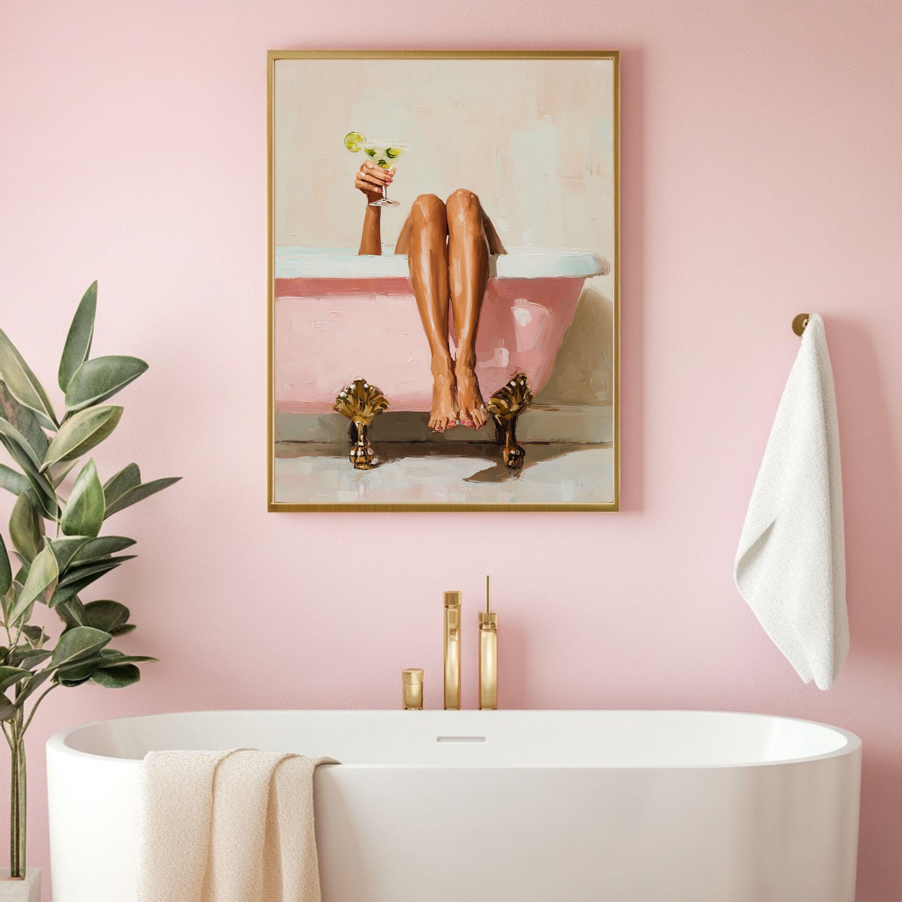 Modern Bathroom Wall Art Printable | Pink Bathtub With Martini Glass ...