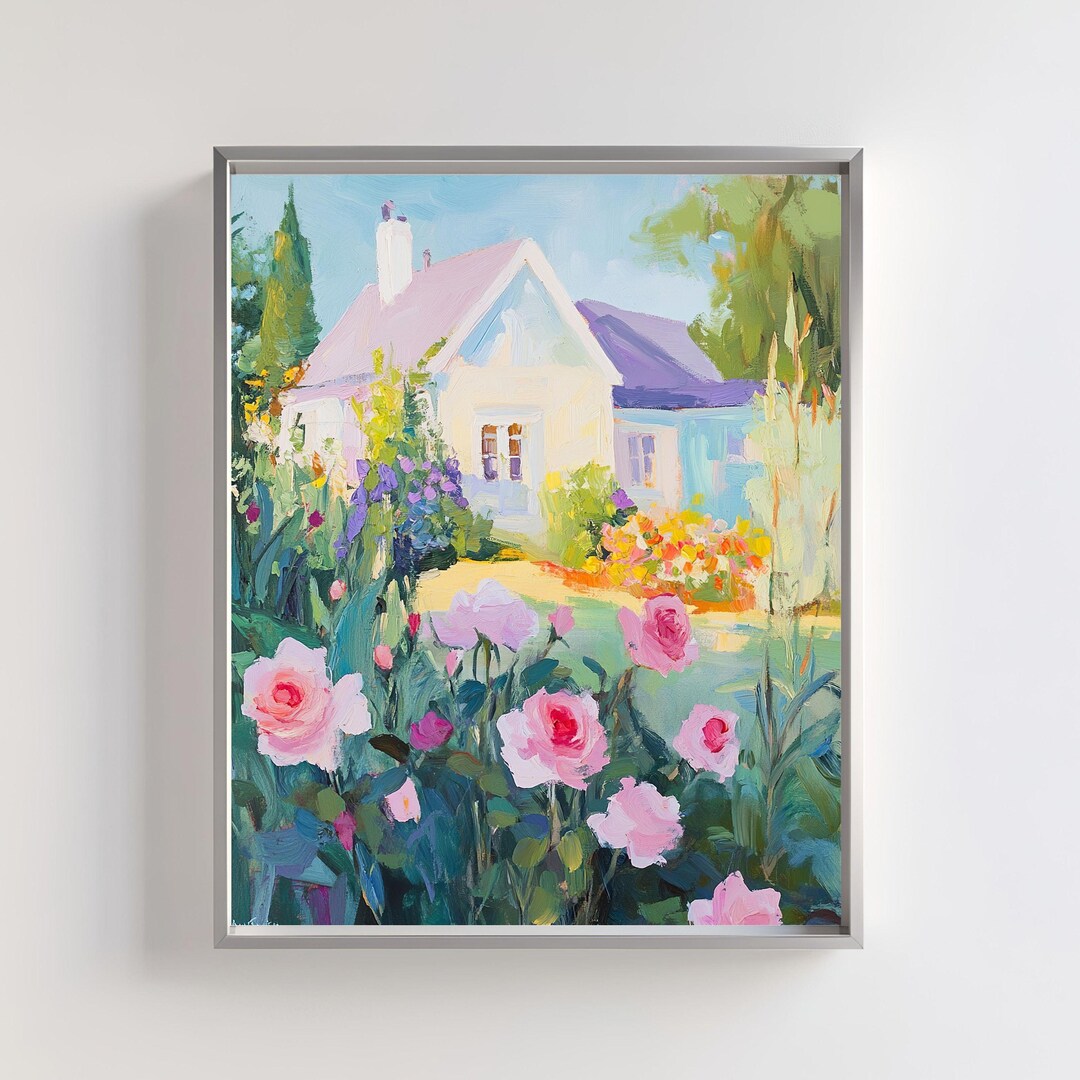 Cottage Garden Art Printable | Pink Roses Wall Art | Romantic Floral ...