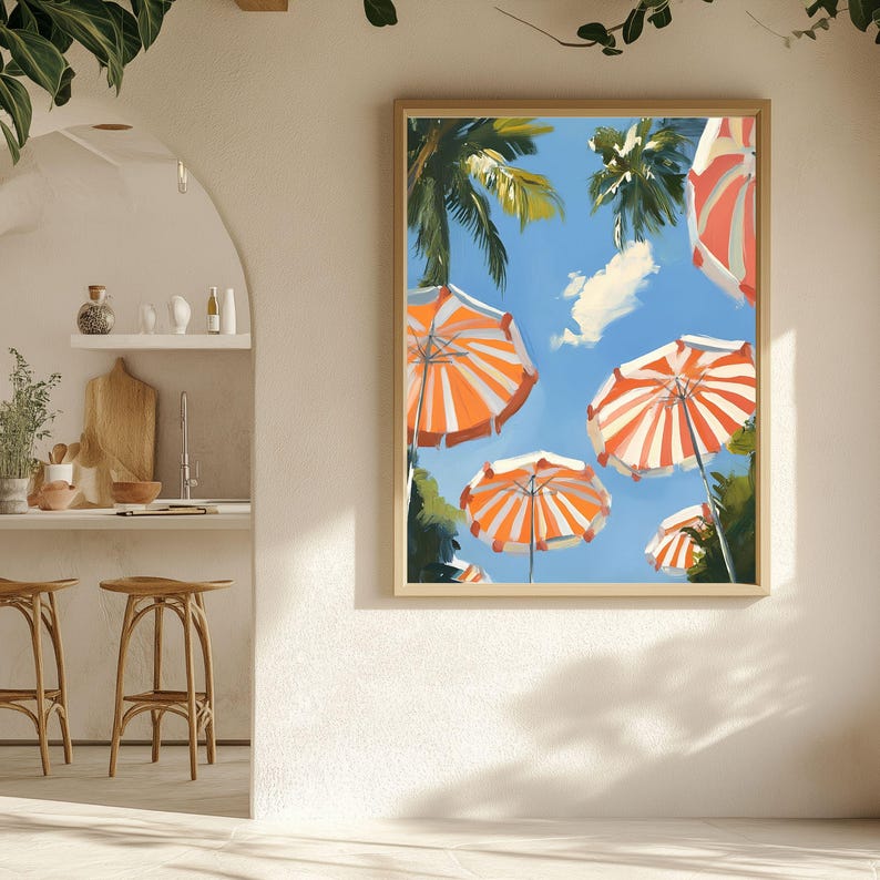 May include: A painting of orange and white striped beach umbrellas against a blue sky with palm trees in the background.