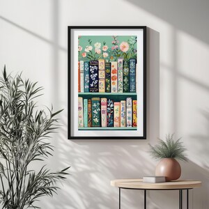 Floral Bookshelf Wall Art: Cottagecore Botanical Print (Digital Download) image 2