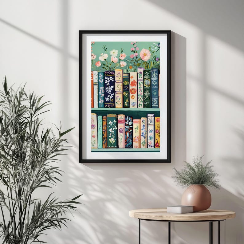 Floral Bookshelf Wall Art: Cottagecore Botanical Print (Digital Download) image 2