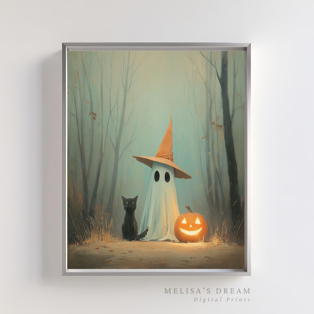Halloween Ghost Cat Pumpkin Print: Spooky Forest Wall Art (digital ...