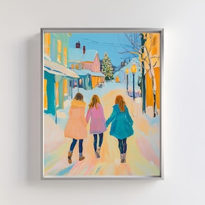 Christmas Street Wall Art Printable, Winter Village Holiday Scene with Christmas Tree, Festive Snowy Town Digital Download Home Decor