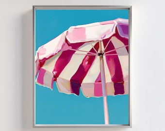 Pink Beach Umbrella Print: Retro Coastal Wall Art (Digital Download