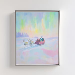 Santa Sleigh Ride Digital Art | Christmas Scene with Reindeer | Holiday Wall Decor | Winter Wonderland Printable | Festive Illustration