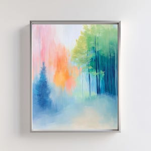 Abstract Misty Forest View Print | Evergreen Foggy Pine Tree Art | Pastel Nature Landscape Wall Art | Sage Green Nordic Woodland Printable