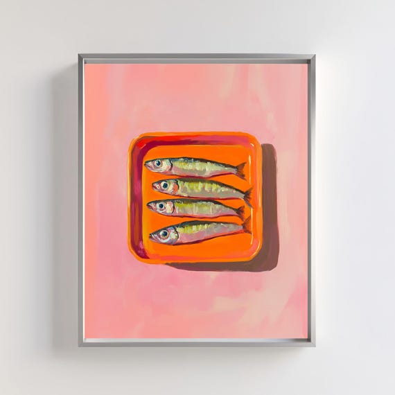 Retro Sardine Art Print | Pink & Orange Kitchen Decor (Digital Download)
