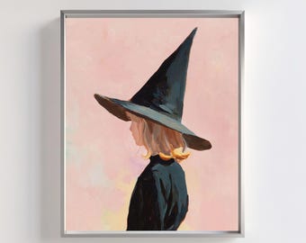 Whimsical Witchcore Art Print: Blonde Witch in Pink (Digital Download