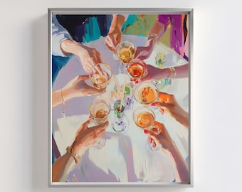 May include: A painting of a group of people raising their glasses in a toast. The glasses are filled with a variety of colorful drinks. The painting is done in a loose, expressive style with vibrant colors.