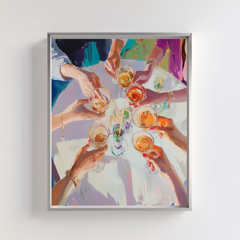Celebrate life's special moments with this stunning celebration wall art, showcasing an elegant table scene of raised cocktail glasses in vibrant tones. This modern drink illustration combines bold brushstrokes and abstract details.