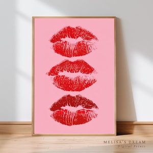 Red Lips Wall Art Digital Download | Kiss Print Pop Art Poster | Pink Background Lipstick Print | Sexy Romantic Wall Decor for Bedroom