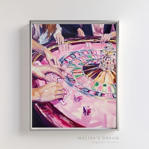 May include: A painting of a casino roulette wheel with pink felt and colorful numbers.  The wheel is surrounded by hands reaching for chips and dice.