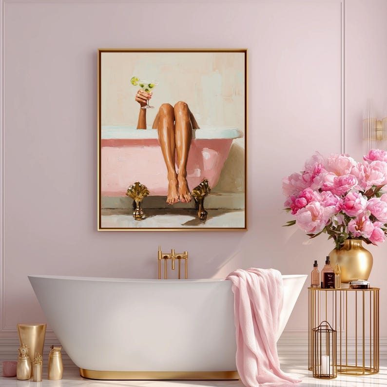 Modern Bathroom Wall Art Printable | Pink Bathtub With Martini Glass ...