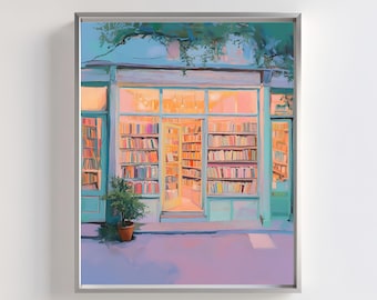 Cozy Bookshop Art Print: Pastel City Street Scene (Digital Download)