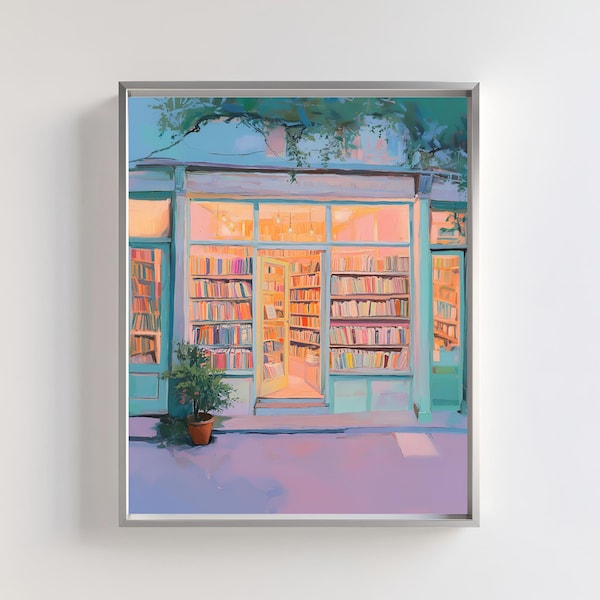 Cozy Bookshop Art Print: Pastel City Street Scene (Digital Download)