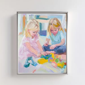 Niños jugando con pinturas / Arte artístico para la habitación de los niños / Arte colorido para la pared de la guardería / Pintura decorativa para niños / Arte para la pared de la sala de juegos