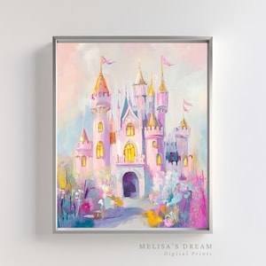 Fairytale Castle Art Print | Pink Princess Castle Painting | Pastel Fantasy Wall Art for Nursery Kids Room Girls Bedroom | Digital Download