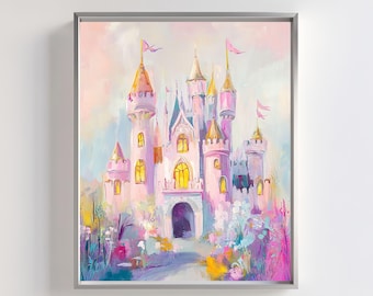 ピンクのプリンセス城アートプリント：パステルカラーの子供部屋用壁飾り（デジタルダウンロード）