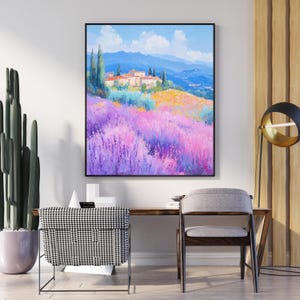 May include: A painting of a landscape with a small village in the distance. The village is nestled in a valley surrounded by rolling hills. The hills are covered in a field of purple flowers. The sky is blue with white clouds.