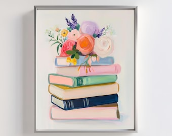 Floral Book Stack Art Print | Pastel Book and Flower Painting | Romantic Home Library Wall Art | Modern Wildflower Print for Cozy Decor