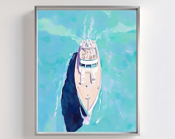 Luxury Yacht Art Print: Turquoise Ocean, Coastal Decor (Digital Download)