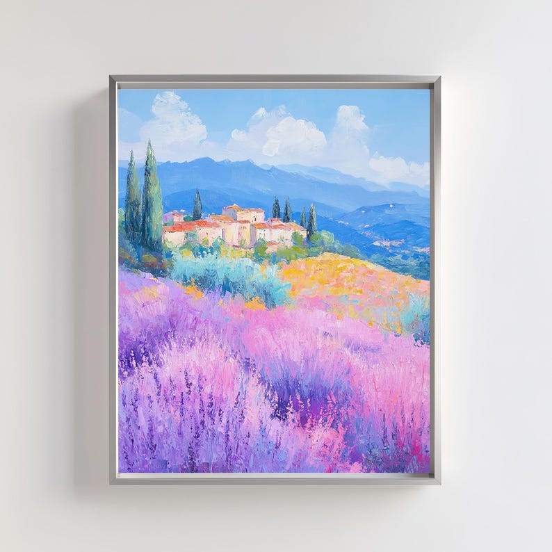 May include: A painting of a landscape with a small village nestled in a valley. The village is surrounded by lush green trees and fields of purple flowers. The sky is a bright blue with fluffy white clouds.