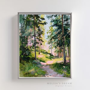 Puede incluir: Pintura de paisaje enmarcada que representa una escena de bosque con altos árboles verdes y un camino que conduce a la distancia. La obra de arte utiliza verdes, amarillos y rosas. El texto "MELISA'S DREAM Digital Prints" está en la esquina inferior derecha.