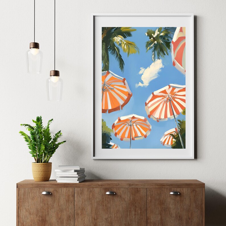 May include: A painting of a bright blue sky with white clouds and palm trees. There are six orange and white striped beach umbrellas in the painting.