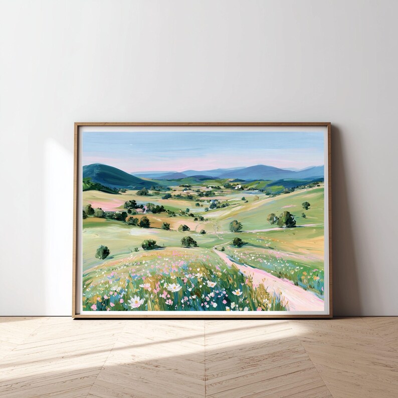 Utskrivbart landskap med vildblommande äng: Pastellfärgad landsbygdsväggkonst (digital nedladdning) bild 4
