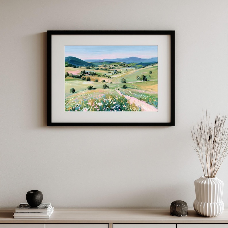 Utskrivbart landskap med vildblommande äng: Pastellfärgad landsbygdsväggkonst (digital nedladdning) bild 7