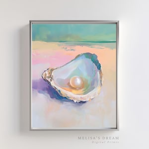 Könnte beinhalten: Ein Gemälde einer Perle in einer Austernschale am Strand. Die Schale ist weiß mit einem hellblauen und grünen Inneren. Die Perle ist weiß und rund. Der Hintergrund ist zartrosa und blau.