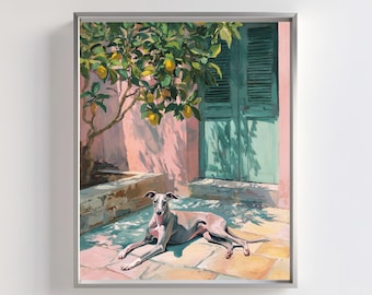 Könnte beinhalten: Gerahmter Kunstdruck, der einen Windhund zeigt, der sich im Schatten eines Zitronenbaums ausruht. Die Szene umfasst eine rosa Wand, türkisfarbene Fensterläden und eine Steinterrasse. Das Kunstwerk ist signiert "MELISA'S DREAM Digital Prints."