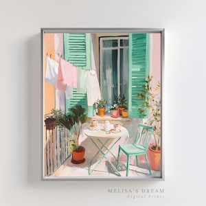 Puede incluir: Impresión artística enmarcada de una escena de balcón. La obra representa una pequeña mesa y silla, plantas y ropa tendida. La paleta de colores incluye tonos de rosa, verde y blanco, creando un ambiente cálido y acogedor.