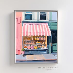 Candy Shop druckbare Wandkunst - skurrile rosa Schaufensterfront mit Gläsern, Pastell Sweet Shop digitaler Download, Spielzimmer oder Küchendekor