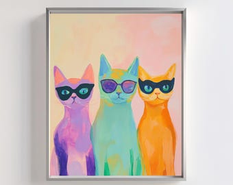 Funky Cats in Sunglasses Art Print | Retro Pop Decor (Digital Download)