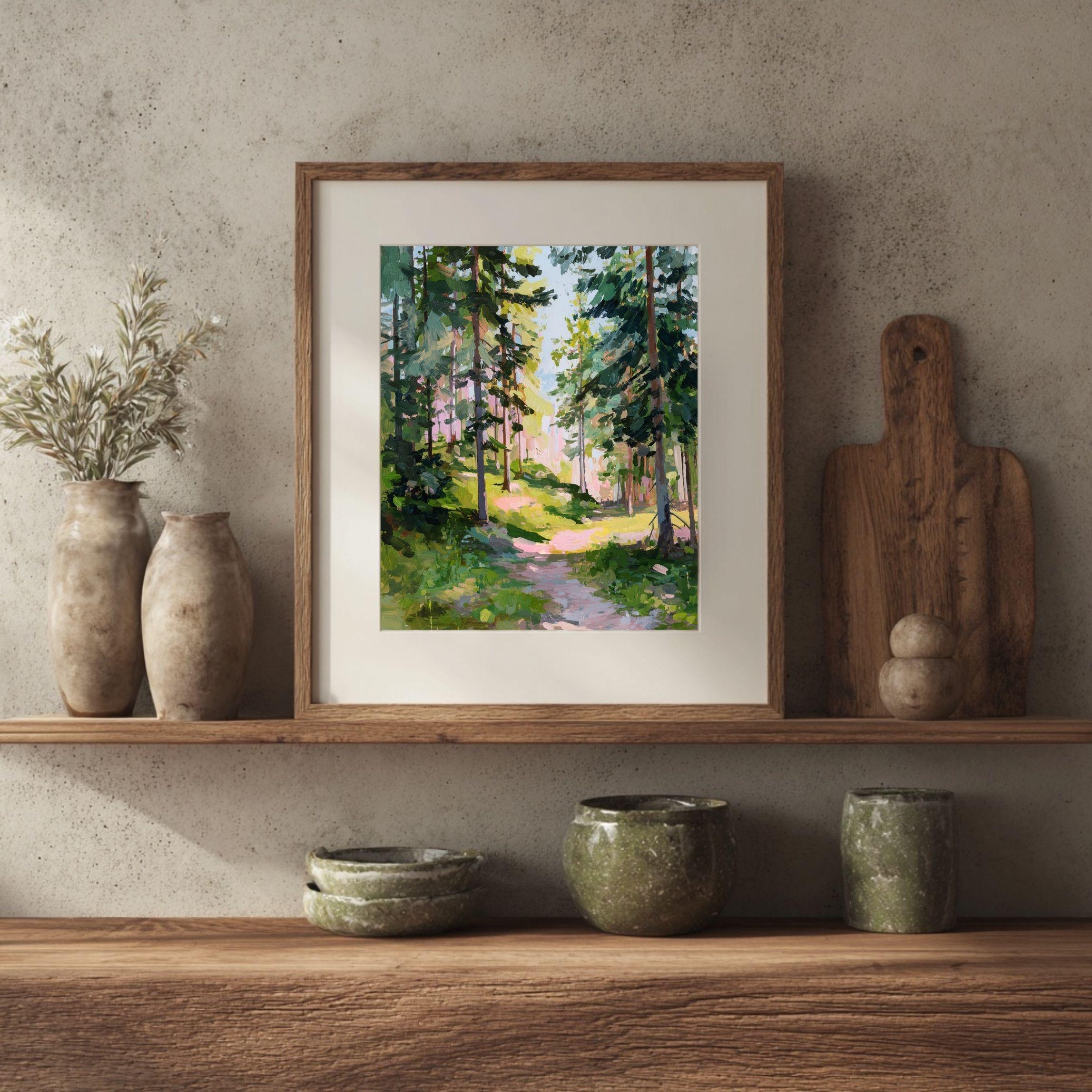 Sunlit Forest Path Print: Impressionist Pine Tree Landscape (digital ...