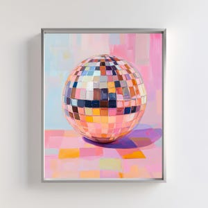 Arte de Pared Bola Disco | Póster Espejo Funky | Decoración Retro 70s | Decor Dopamina | Impresión Preppy Chica | Pintura Maximalista