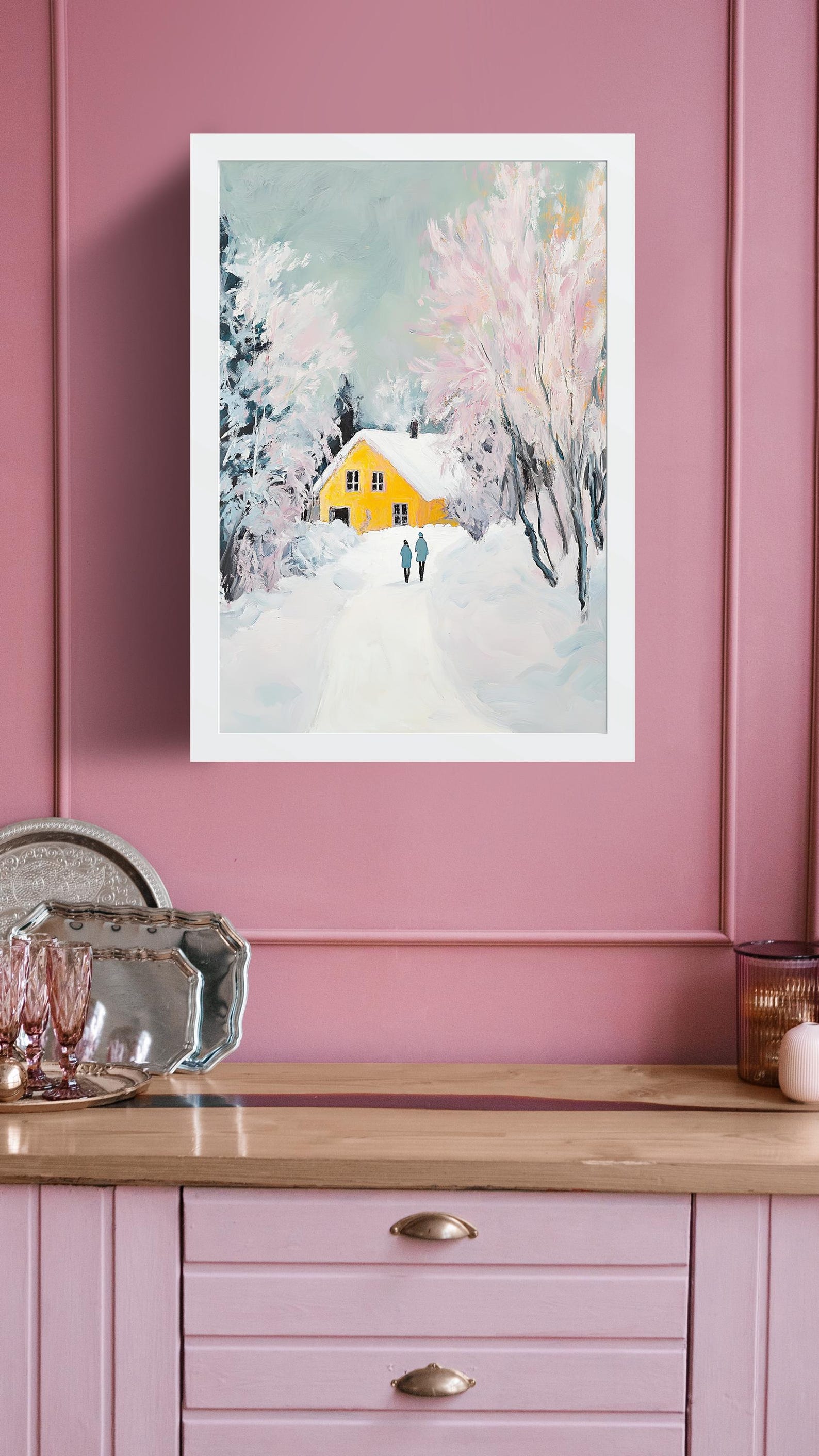 Winter Village Art Print: Snowy Nordic Landscape With Cottage (digital ...