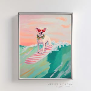 Surfing Dog Art Print: Tropical Beach Pet Decor (Digital Download)