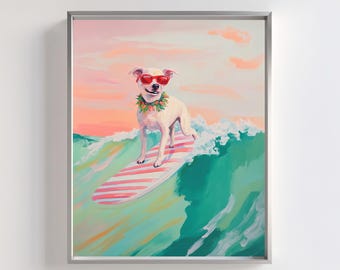 Surfing Dog Art Print: Tropical Beach Pet Decor (Digital Download)